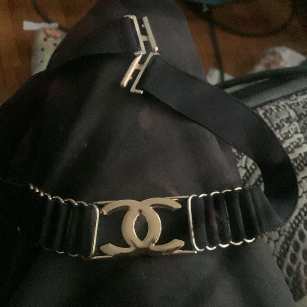 CHANEL Black and Gold Belt with Interlocking Buckle